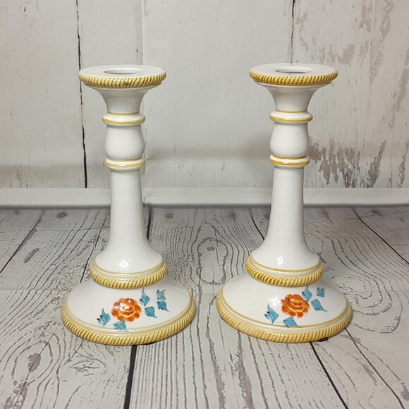 Floral Candle Holders Nora Fenton Made In Italy Set Of 2 Hand Painted Numbered - Picture 1 of 14